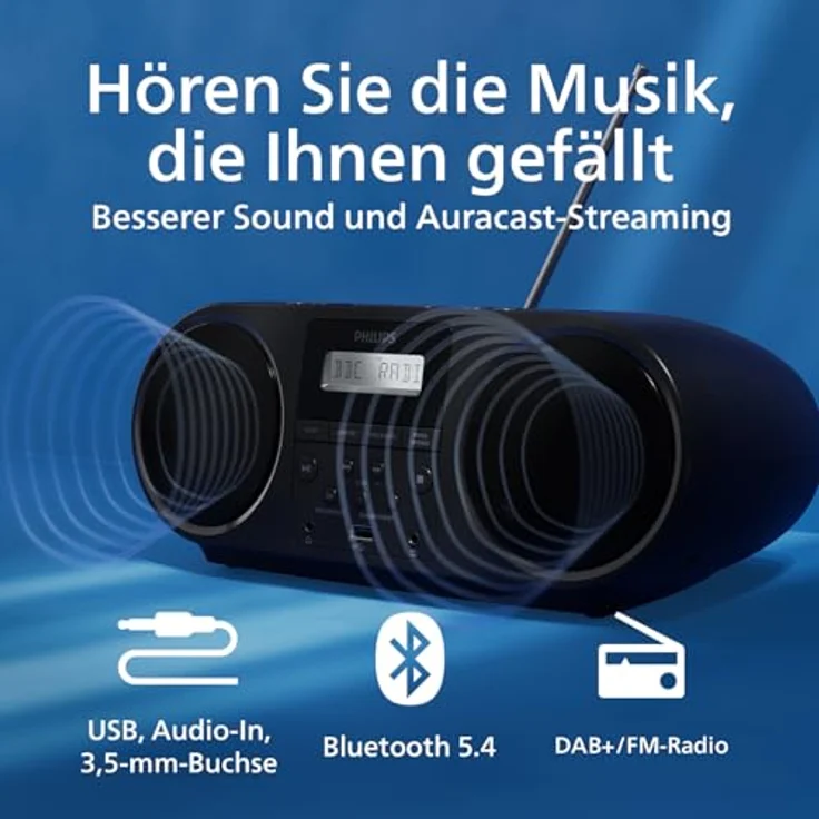 Philips Z6000 Radiorekorder mit CD-Spieler, DAB+/UKW-Radio, Bluetooth 5.4, 2 integrierte Lautsprecher, schwarz – Bild 5