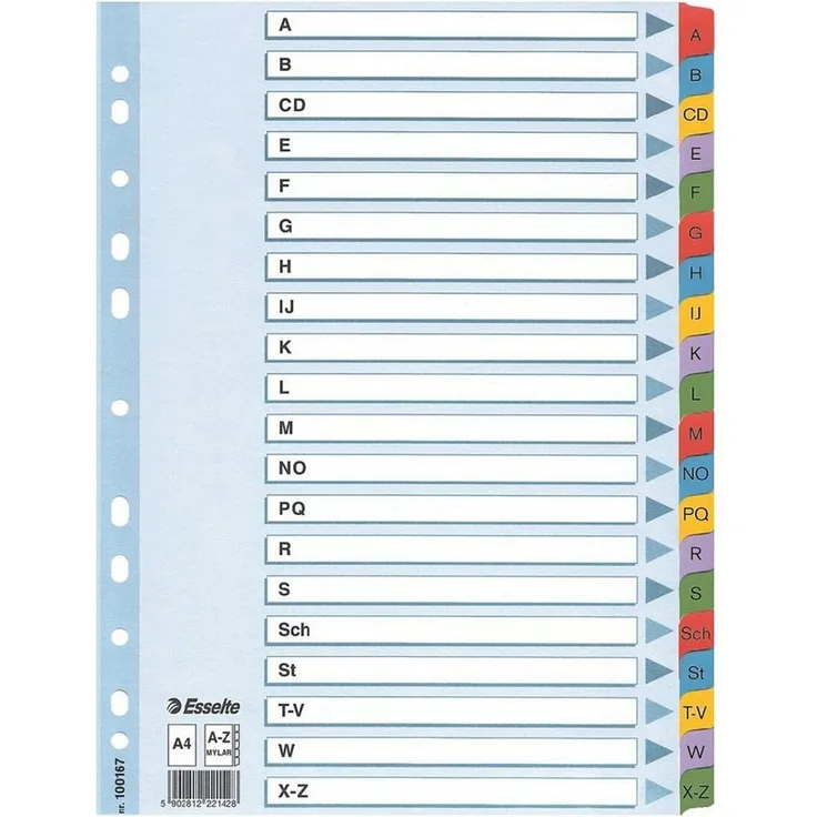 ESSELTE Kartonregister A-Z, DIN A4, 20-tlg. - Weiß, farbige Taben, beschriftbares Deckblatt