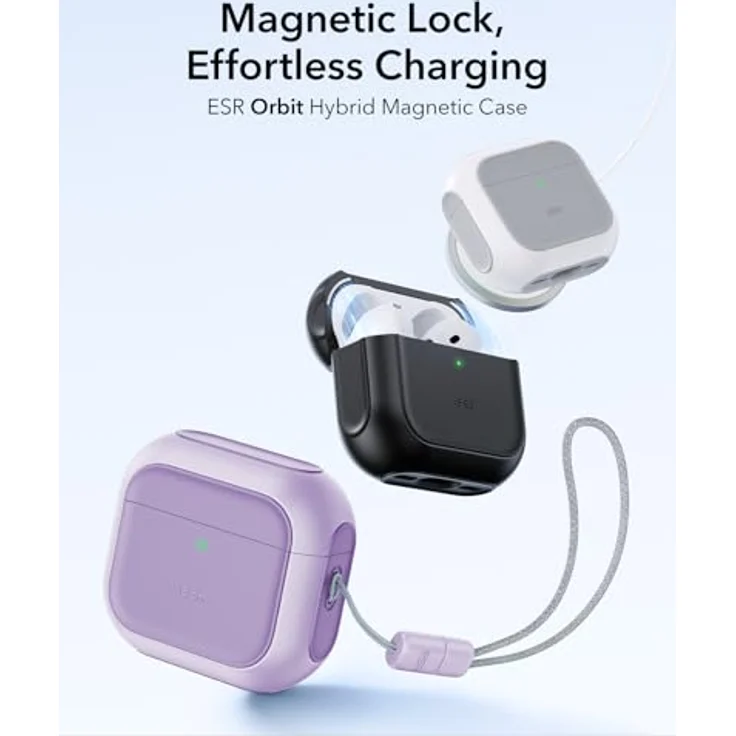 ESR AirPods 4 Hülle, kompatibel mit AirPods 4 Gen (2024), USB-C, kabelloses Laden, magnetischer Deckel, Schutzhülle mit Handschlaufe, Orbit Hybrid, Lila – Bild 3