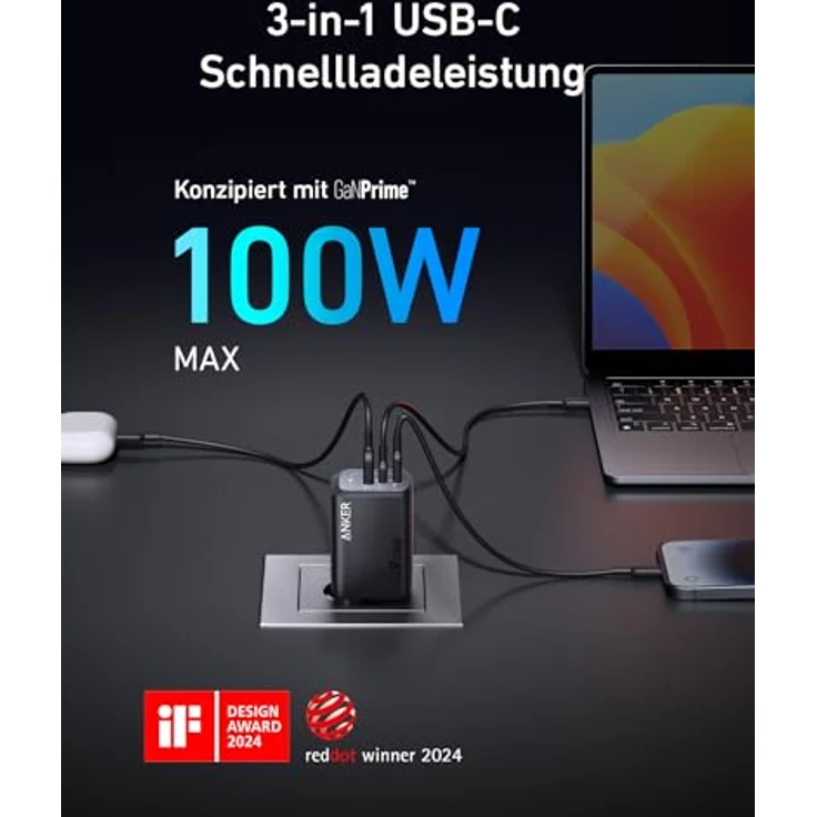 Anker 100W USB-C Ladegerät Prime GaN Netzteil, 3-Port PPS Schnellladegerät, Kompatibel mit MacBook Pro/Air, Pixelbook, iPad Pro, iPhone15/Pro, Galaxy S23, Note20 - Kleines klappbares Design – Bild 2