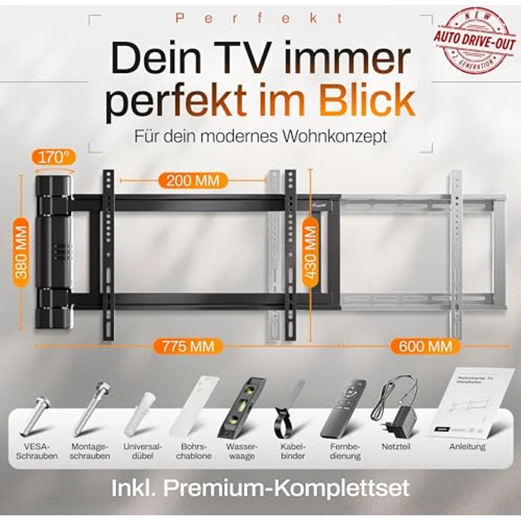 EasyLife Elektrische Schwenkbare TV-Wandhalterung mit Auto-Drive-Out, ultraschlank 56mm, leiser Motor, Anti-Kollisionssystem für 32–75 Zoll, VESA bis 600×400 und 50kg – Bild 2