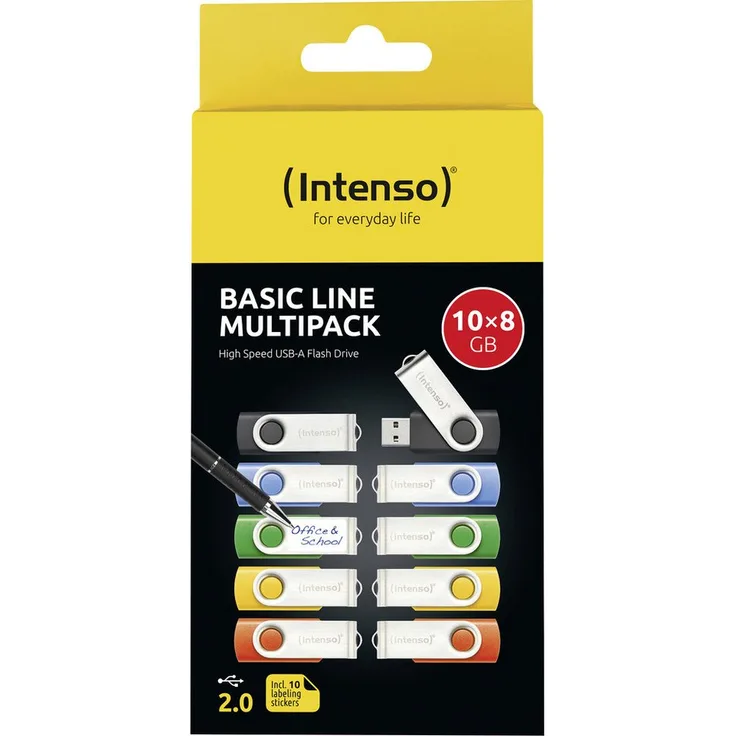 Intenso USB-Stick Basic Line 10er Pack, 10 x 8 GB, gelb, High Speed USB 2.0 mit Beschriftungsetiketten