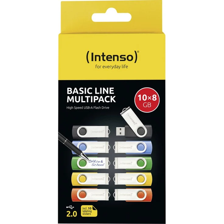Intenso USB-Stick Basic Line 10er Pack, 10 x 8 GB, gelb, High Speed USB 2.0 mit Beschriftungsetiketten