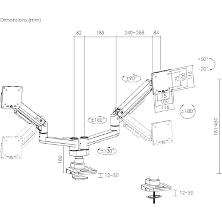 Equip 650183 17"-35" Hochleistungs-Tischhalterung für Zwei Monitore, weiß - Gasfederstruktur, neigbares Design, Kabelklemmen – Bild 4