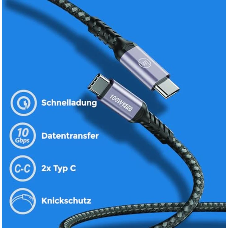 Wicked Chili 5x Dual USB-C Kabel 100W, 1m schwarz, 4K@60Hz, 10 Gbps Datentransfer, kompatibel mit iPhone, MacBook und Samsung – Bild 2