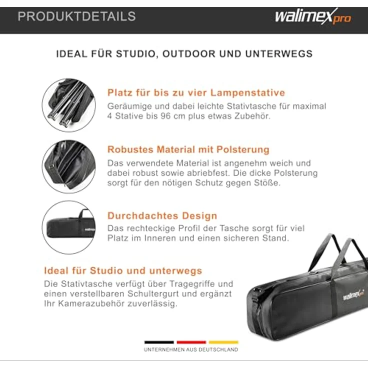Walimex pro Stativtasche 98 cm für Max. 4 Studiostative bis 96 cm - Tragetasche mit Schultergurt, Praktisch und komfortabel, Dicker Polsterung, Aussen: 98x18x16 cm, Innen 96 x 17 x 14 cm – Bild 8