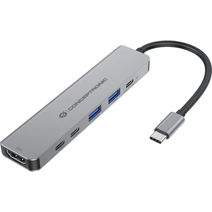 Conceptronic 6-in-1 USB-C Dock, HDMI 4K, 2x USB-A, 3x USB-C, Power Delivery 100W, 25cm, grau