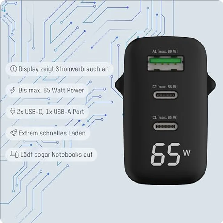 ANSMANN 3-Port USB Ladegerät mit bis zu 65 W/Power Delivery und Quick Charge 3.0, Smart IC Technologie, Displayanzeige - Schwarz – Bild 2