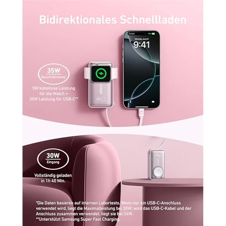 Anker MagGo Powerbank 10.000mAh für Apple Watch, 35W, USB-C-Kabel, kompakt, offiziell zertifiziert, für iPhone 15 Serie, Samsung, iPad, AirPods - Schwarz – Bild 3