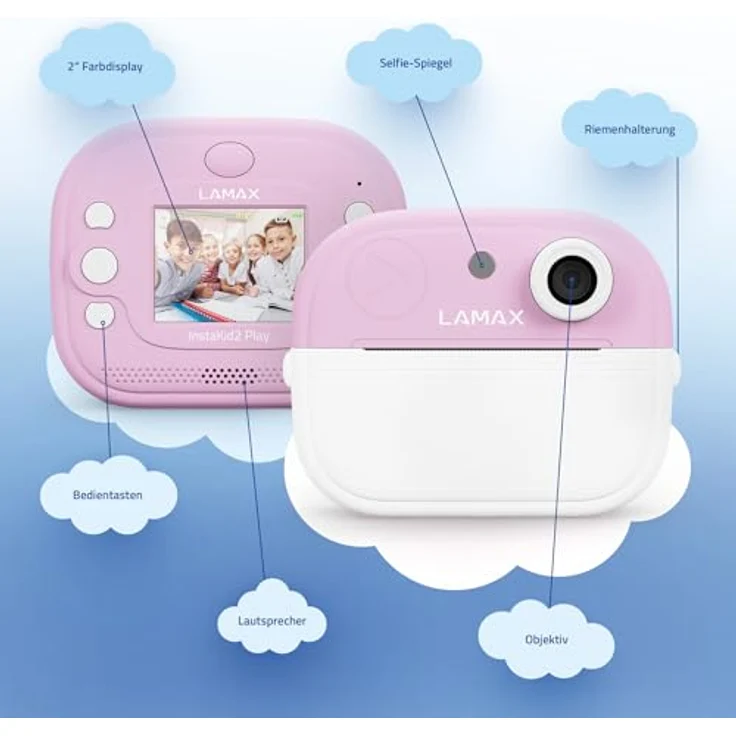 LAMAX InstaKid2 Play Blue, Kinderkamera mit Sofortdruck ohne Tinte, Digitalkamera für Fotos und Videos, Selfie-Spiegel, Spiele, USB-C, 2 Rollen Thermopapier – Bild 5