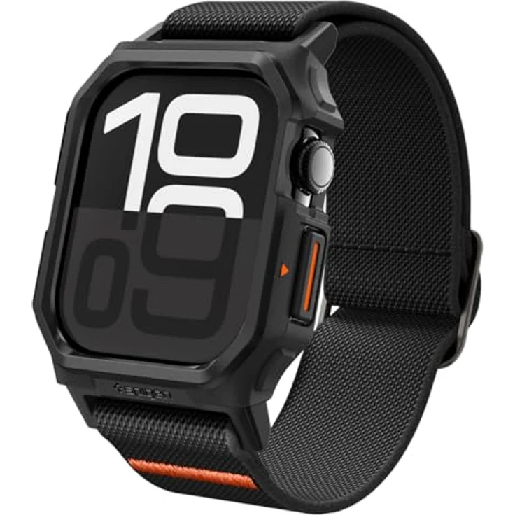 Spigen Lite Fit Pro Hülle mit Armband für Apple Watch 10 46mm (2024) - Matt Schwarz, verstärktes TPU-Gehäuse, sportliches Armband, orangefarbene Akzente – Bild 1