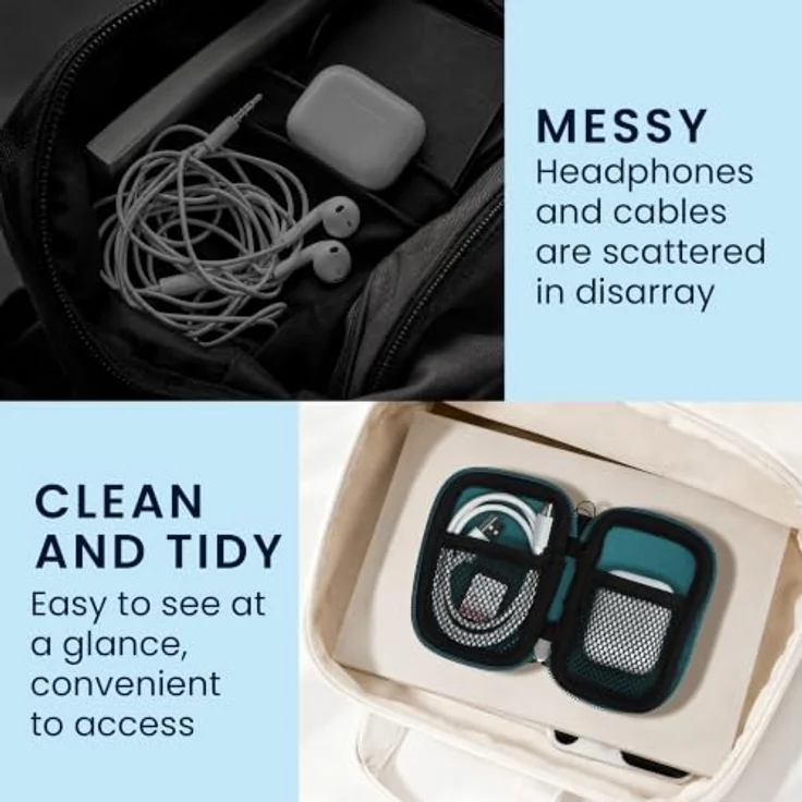 kwmobile In-Ear Kopfhörer Tasche, Neopren Cover Case in Petrol, wasserabweisend mit 2 Innenfächern für Ladecase und Zubehör – Bild 4