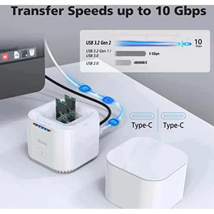 Akasa DuoDock MX | Dual M.2 PCIe NVMe SSD Dockingstation mit Offline-Klon | bis zu 10 Gbit/s | Eingebauter Lüfter und Schutzhülle | Für M.2 PCIe M Key und B+M Key SSD | Weiß – Bild 4