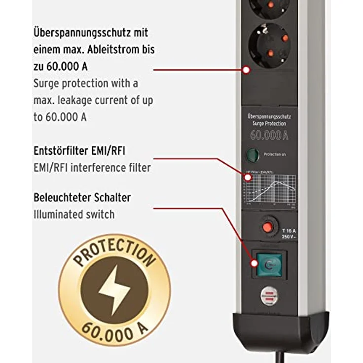 Brennenstuhl Premium-Protect-Line Steckdosenleiste 6-Fach mit Überspannungsschutz 60.000 A (Mehrfachsteckdose mit Schalter und 5m Kabel, Made in Germany) Silber/schwarz – Bild 3