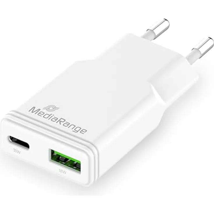 MediaRange 30W GaN Schnellladeadapter, EU-Stecker mit 1x USB-C und 1x USB-A, unterstützt Power Delivery und Quick Charge, Weiß