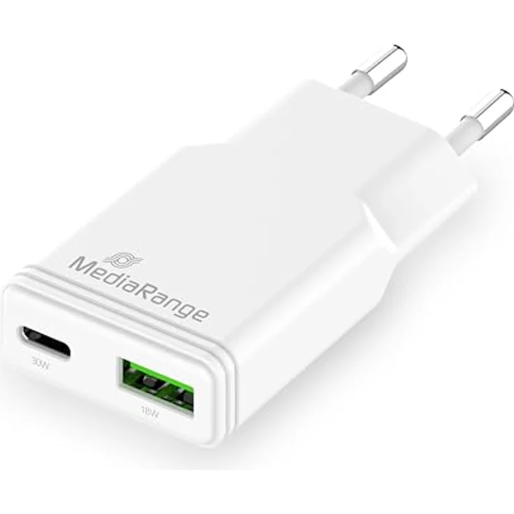 MediaRange 30W GaN Schnellladeadapter, EU-Stecker mit 1x USB-C und 1x USB-A, unterstützt Power Delivery und Quick Charge, Weiß – Bild 1