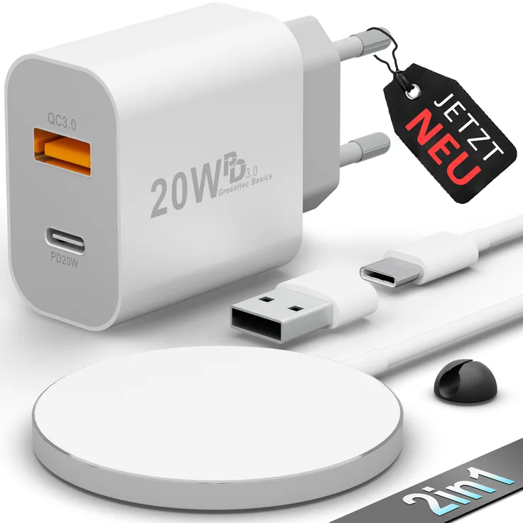 GreenHec MagSafe 2in1 Bundle, 20W Dual Charger + Wireless Ladegerät, Schwarz und Weiß, für iPhone und Qi-kompatible Geräte
