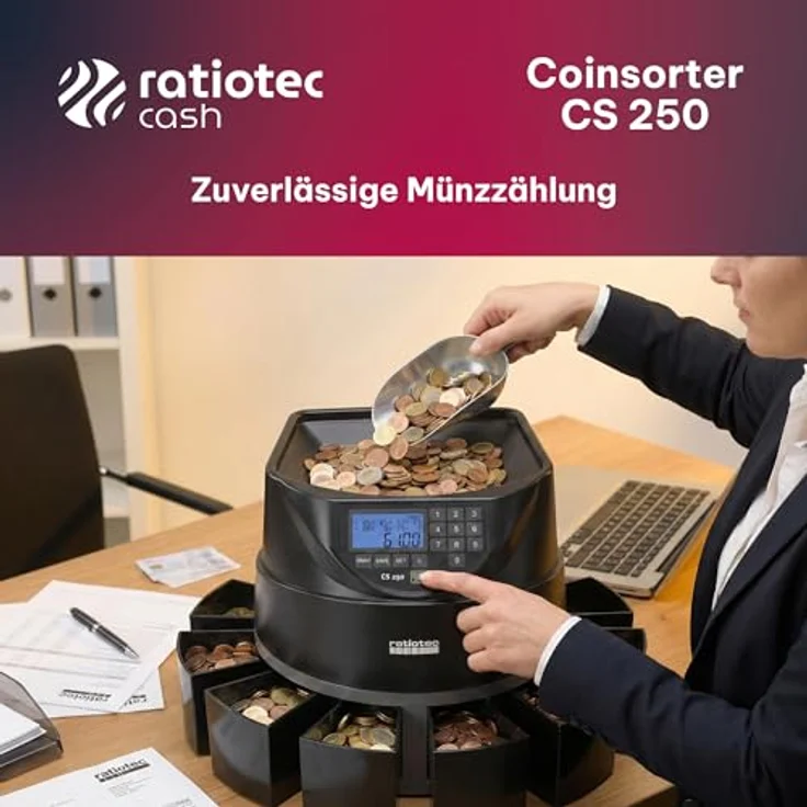 ratiotec Münzzähl- und Sortiermaschine CS 250, 550 Münzen/Min, LED-Display, 8 Hartgeldfächer, robustes Kunststoffgehäuse – Bild 9