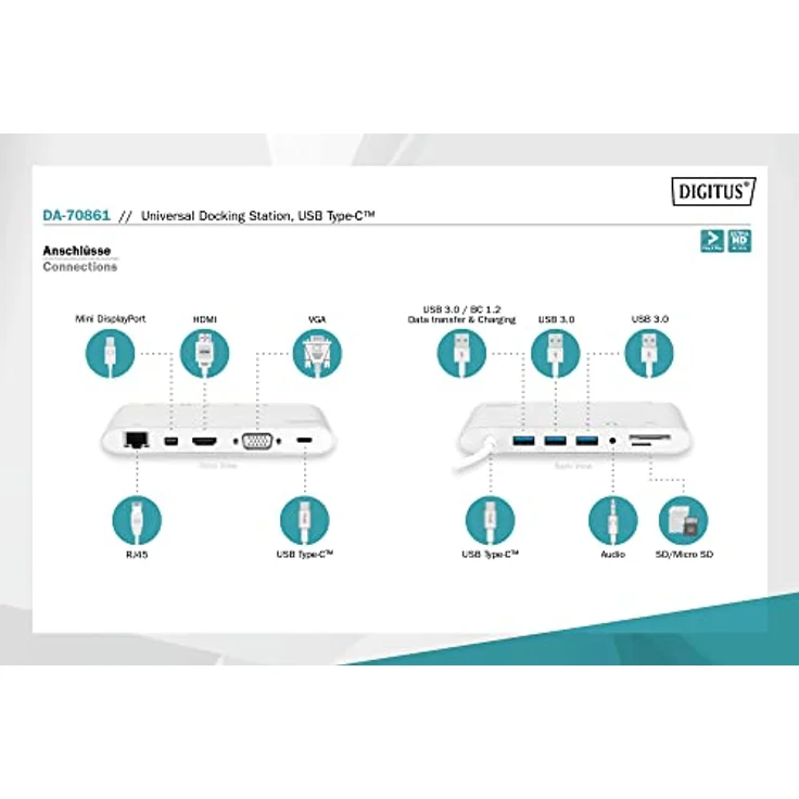 DIGITUS Multiport Docking-Station - USB-C Dock 11 Ports - Audio - Video, RJ45, 3x USB 3.0, Ladeport, Cardreader - Silber – Bild 2