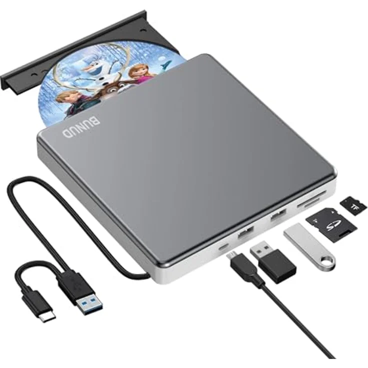 BUNUD Externes CD DVD Laufwerk USB 3.0 Type-C mit USB & SD/TF, Optical CD-ROM Brenner für Laptop Windows 11 10 Mac MacBook Air Pro Apple iMac PC – Bild 1