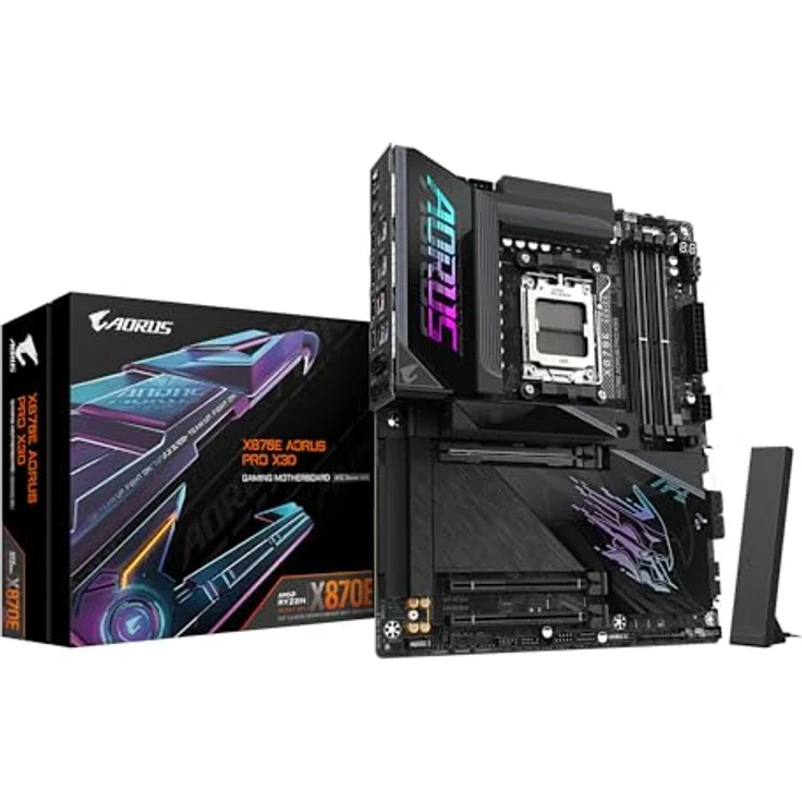 Gigabyte X870E AORUS PRO X3D Mainboard - Unterstützung für AMD Ryzen 9000 CPUs, 18+2+2 Phasen VRM, bis zu 9000MHz DDR5, 2xPCIe 5.0, Wi-Fi 7, 5GbE LAN, schwarz – Bild 1