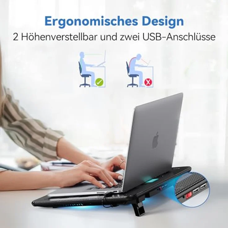 TECKNET Laptop Kühlpad, 12-17 Zoll Cooler mit 3 Hochgeschwindigkeitslüftern, 2 USB-Ports und LED-Beleuchtung (Blau+Schwarz) – Bild 4