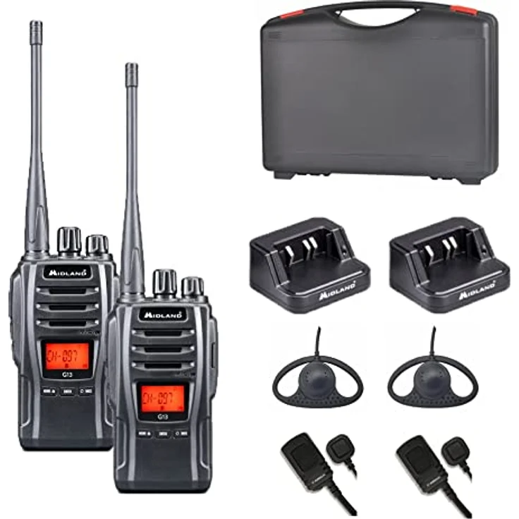 Midland G13 2er Kofferset, 2X PMR446 Funkgerät, Kenwood, C1462.S1, 2X AE34 Headset, 2X Standlader, 2X Akkupack 2600 mAh, Schwarz – Bild 2