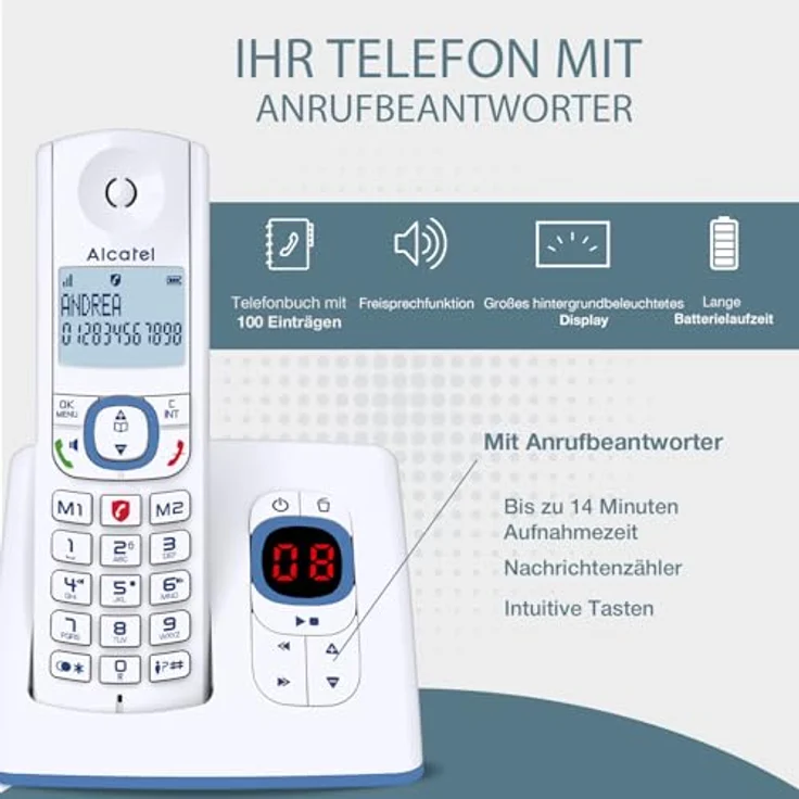 ALCATEL F530 Voice, Schnurloses Festnetztelefon DECT mit Anrufbeantworter, großem beleuchtetem Display, Freisprechfunktion, Anrufblockierungsfunktion, 2 Direktwahltasten, Weiß/Blau – Bild 2