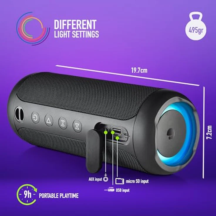 NGS Roller Furia 2 Black - Kabelloser Lautsprecher mit Bluetooth-Kompatibilität, IPX7-Wasserdichtigkeit, 30 W, True Wireless, USB, Batterielaufzeit 9 Stunden, Schwarz – Bild 4