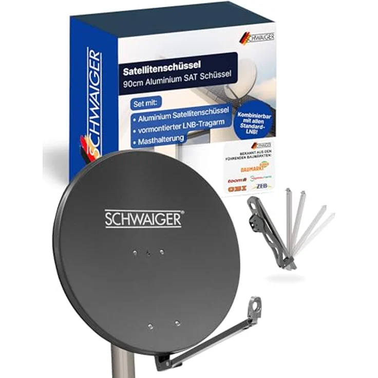 SCHWAIGER Satellitenschüssel Ø 90 cm Aluminium Offset Antenne, anthrazit, wetterfest, Multifeed geeignet, maximale Empfangsleistung 39,5 dB, inklusive LNB Tragarm und Masthalterung – Bild 1