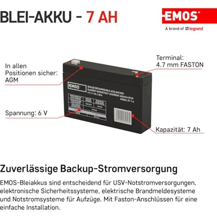 EMOS Wartungsfreier Bleiakku 6V 7Ah - AGM Batterie - Faston 4,7mm Anschluss - Für Alarmsysteme, Brandmeldetechnik, USV-Geräte - 151x34x94 mm – Bild 2