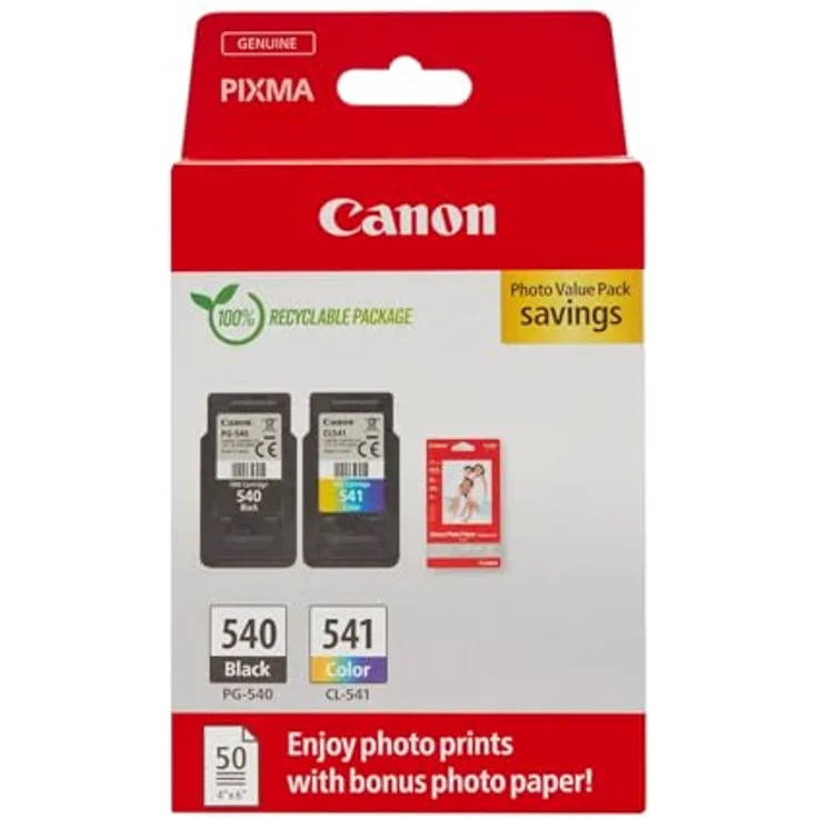 Canon PG-540/CL-541 Photo Value Pack, 2-tlg Tintenpatrone mit 8 ml Farbtinte für bis zu 180 Seiten in Schwarz und Farbe, inklusive 50 Blatt Fotoglanzpapier 10 x 15 cm