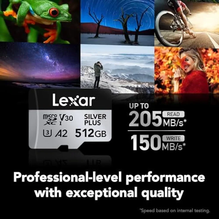 Lexar Silver Plus Micro SD Karte 512 GB, bis zu 205 MB/s Lesegeschwindigkeit, 150 MB/s Schreibgeschwindigkeit, UHS-I, A2, U3, V30, Class 10, 4K UHD microSDXC, mit SD Adapter – Bild 3