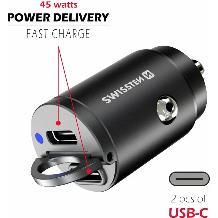 Swissten Nano-Autoladegerät 20111900, 2x USB-C 45W Power Delivery, Schwarz, Schnellladung für mobile Geräte