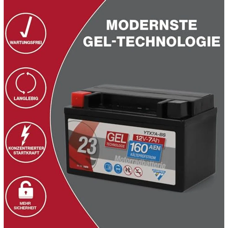 Cartec GEL Batterie YTX7A-BS 7Ah 160A, wartungsfrei und rüttelfest, auslaufsicher mit schneller Startkraft – Bild 5