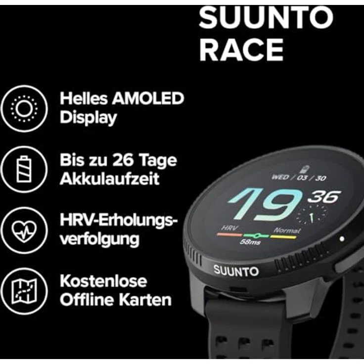 SUUNTO Race Sportuhr - Outdoor Smartwatch, 1,43" Helles AMOLED Display mit Saphirglas, Bequeme Uhrenkrone & Tasten Bedienung, Präzise Zweifrequenz GPS, Lange Akkulaufzeit, 100m Wasserdicht – Bild 2