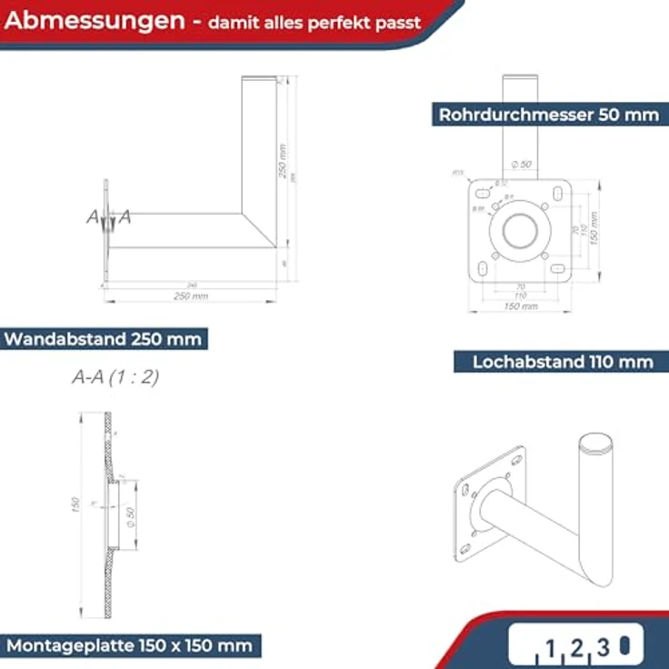 Wandhalter PremiumX  25 cm ALU TÜV Geprüft für Wandmontage Montage für Sat Schüssel , Spiegel – Bild 5