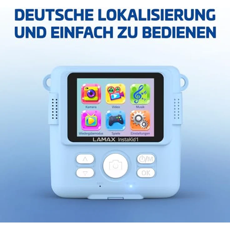 Lamax InstaKid1 Kinderkamera, Sofortdruck auf Thermopapier, 2 Rollen inklusive, 2,4''-Display, Filter, Rahmen, Spiele (Blau) – Bild 5