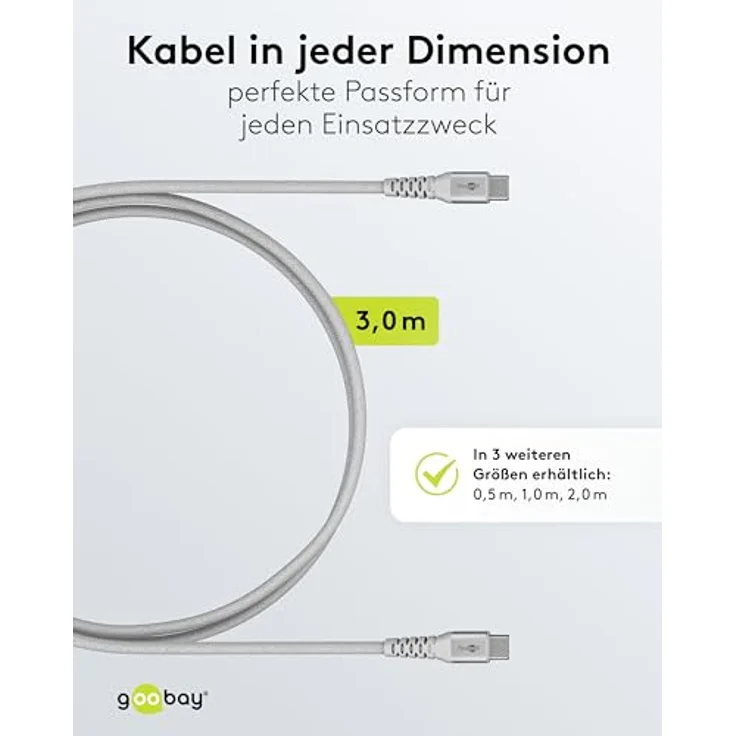 Goobay USB-C™-auf-USB-C™-Textilkabel, 3 m, weiß, mit Metallsteckern und Knickschutz, 60 W Leistung – Bild 5