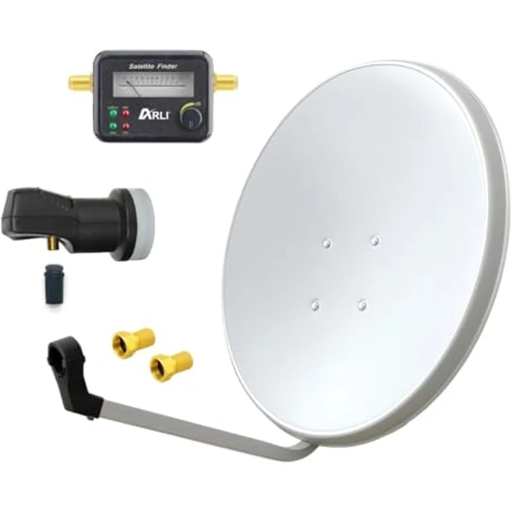 ARLI 60cm HD Satellitenantennen Set, Single LNB mit Satfinder und 2 F-Steckern, lichtgrau/weiß, UHD 4K Full HD – Bild 1