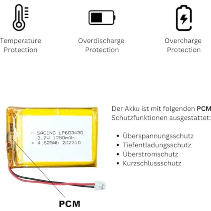 EFASO 603450 LIPO Akku 3.7V 1250 mAh mit PCM und JST Stecker PH2.0-2P, wiederaufladbar mit Schutzplatine, 500 Ladezyklen – Bild 3