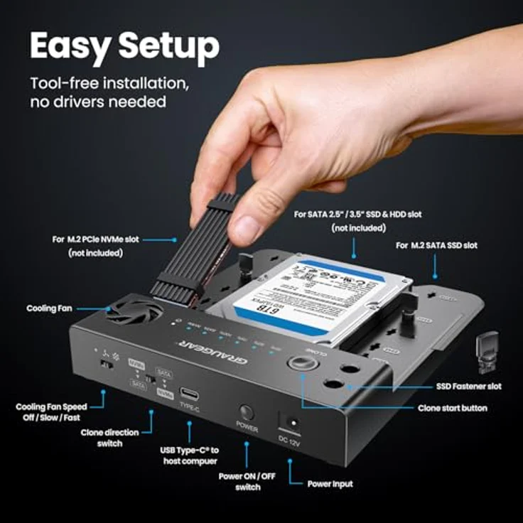 GRAUGEAR Bidirektionale Klone-Station für M.2 SATA/NVMe & 2,5"/3,5" HDD/SSD, USB 3.2 Gen2, Leiser Lüfter, unterstützt M2 22100/2280/2260/2242/2230 – Bild 2