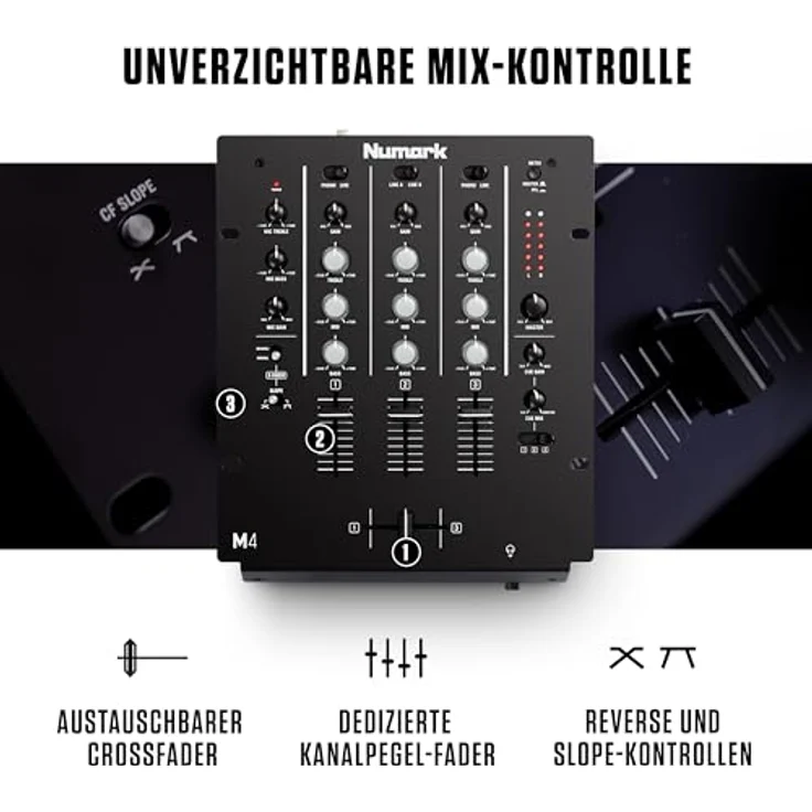 Numark M4 - 3-Kanal DJ-Scratch-Mixer, rack-einbaufähig, mit 3-Band-Equalizer, für die Disco ausgelegten Eingängen, Mikrofon-Eingang, austauschbarem Crossfader und Reverse--Slope-Reglern – Bild 4
