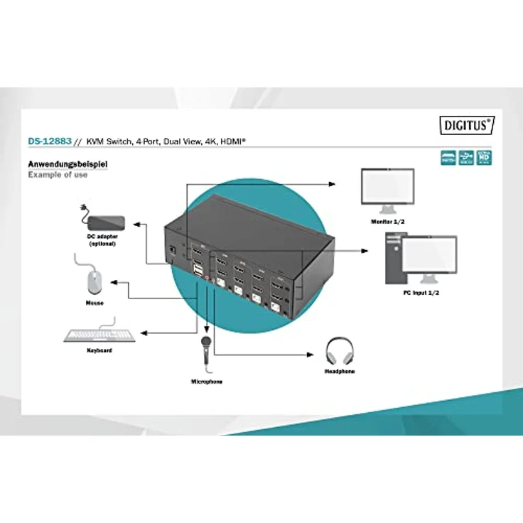 DIGITUS KVM-Switch HDMI – 4-Port Dual-Display – 4 PC 2 Monitore – 1x Maus, Tastatur & Audio für 4 Computer – UHD 4K@30Hz (3840 x 2160p) – Hot-Key KVM Umschalter – 1x USB 2.0 Hub – Schwarz – Bild 5