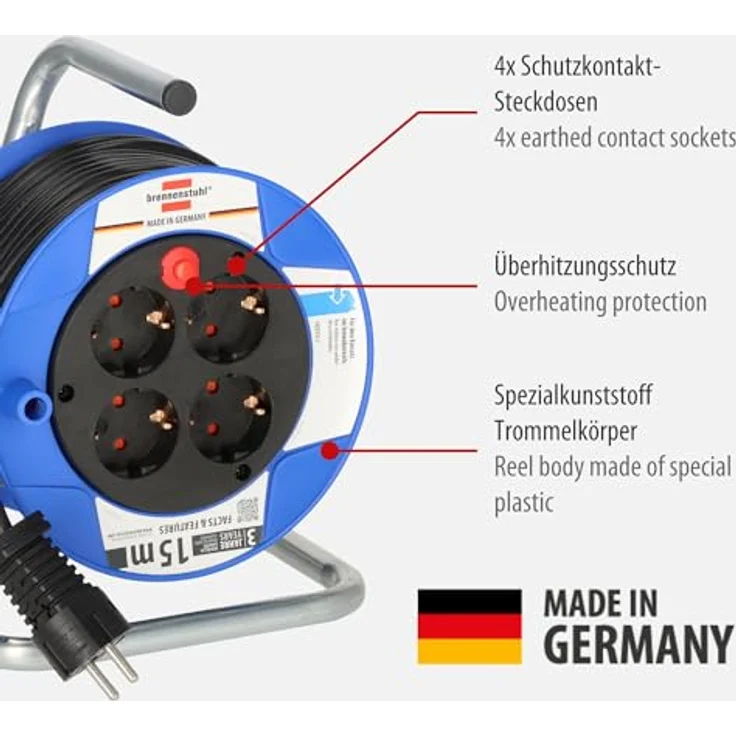 Brennenstuhl Garant Kompakt Kabeltrommel (15m Kabel in schwarz, aus Spezialkunststoff, für den Innenbereich, Made in Germany) – Bild 2