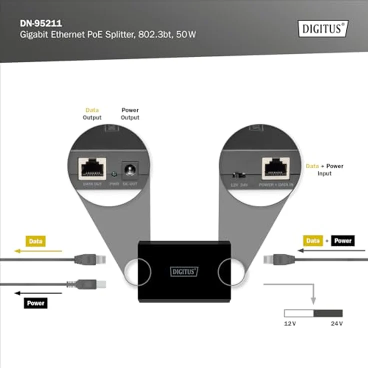 DIGITUS PoE++-Splitter - Gigabit - IEEE802.3at/bt - 51W Ausgangsleistung - 10/100/1000 Mbit/s - wählbare Ausgangsspannung 12V/24V - Schwarz – Bild 4