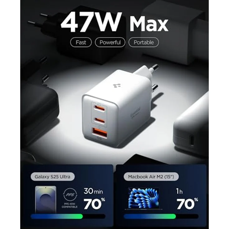 Spigen ArcStation Essential 47W 3-Port USB-C Ladegerät, PPS Schnellladegerät mit PD 3.0 für Samsung Galaxy S26 Ultra Plus, iPhone 17 Pro Max, Pixel 10 - Weiß – Bild 2