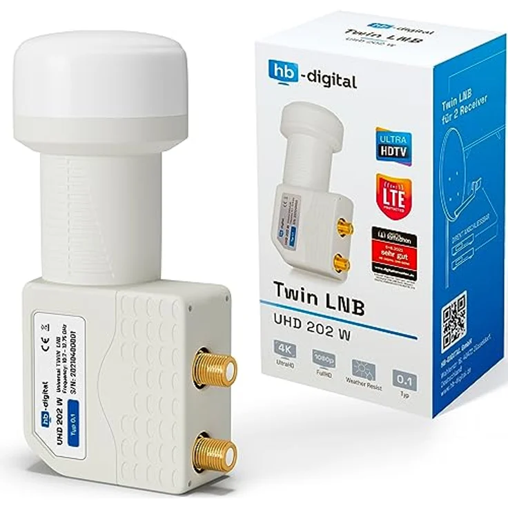 HB-DIGITAL Twin LNB UHD, LNC Kopf für 2 Teilnehmer, LTE Protected, Digital Sat mit vergoldeten Kontakten, Wetterschutz, Weiß – Bild 1