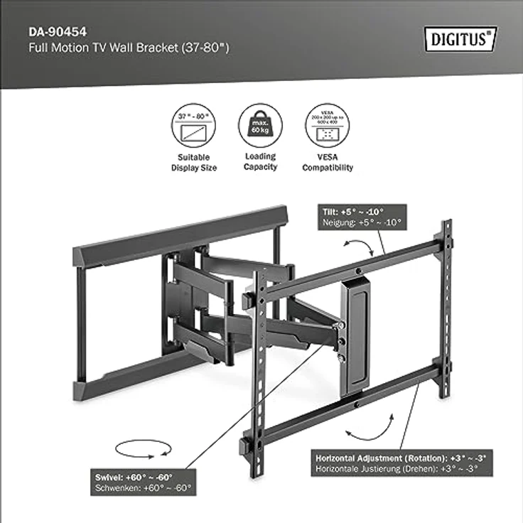 DIGITUS Full-Motion TV-Wandhalterung 37-80", 60 kg Belastung max., VESA 200x100 bis 600x400 – Bild 2