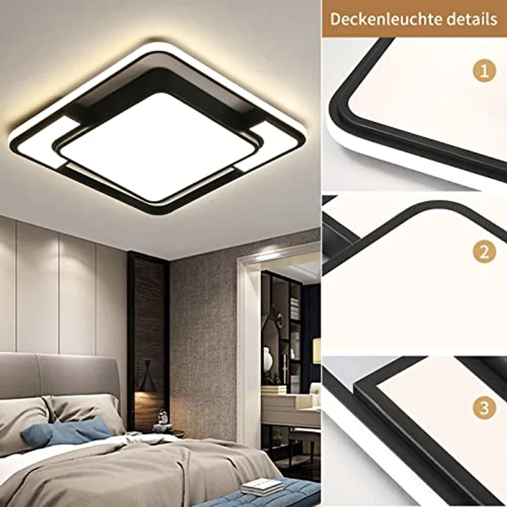 Style home Deckenleuchte LED Deckenlampe 90W, dimmbar mit Fernbedienung, 42 * 42 * 6cm, Schwarz – Bild 4